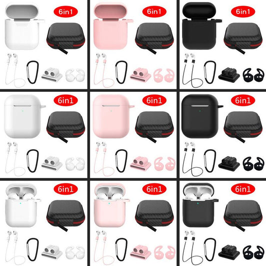 6 in 1 Airpod Case Kits for Airpods 1/2 remium EVA Box with Airpods Ear Hooks/ Airpods Slip Airpods Watch Band Holder