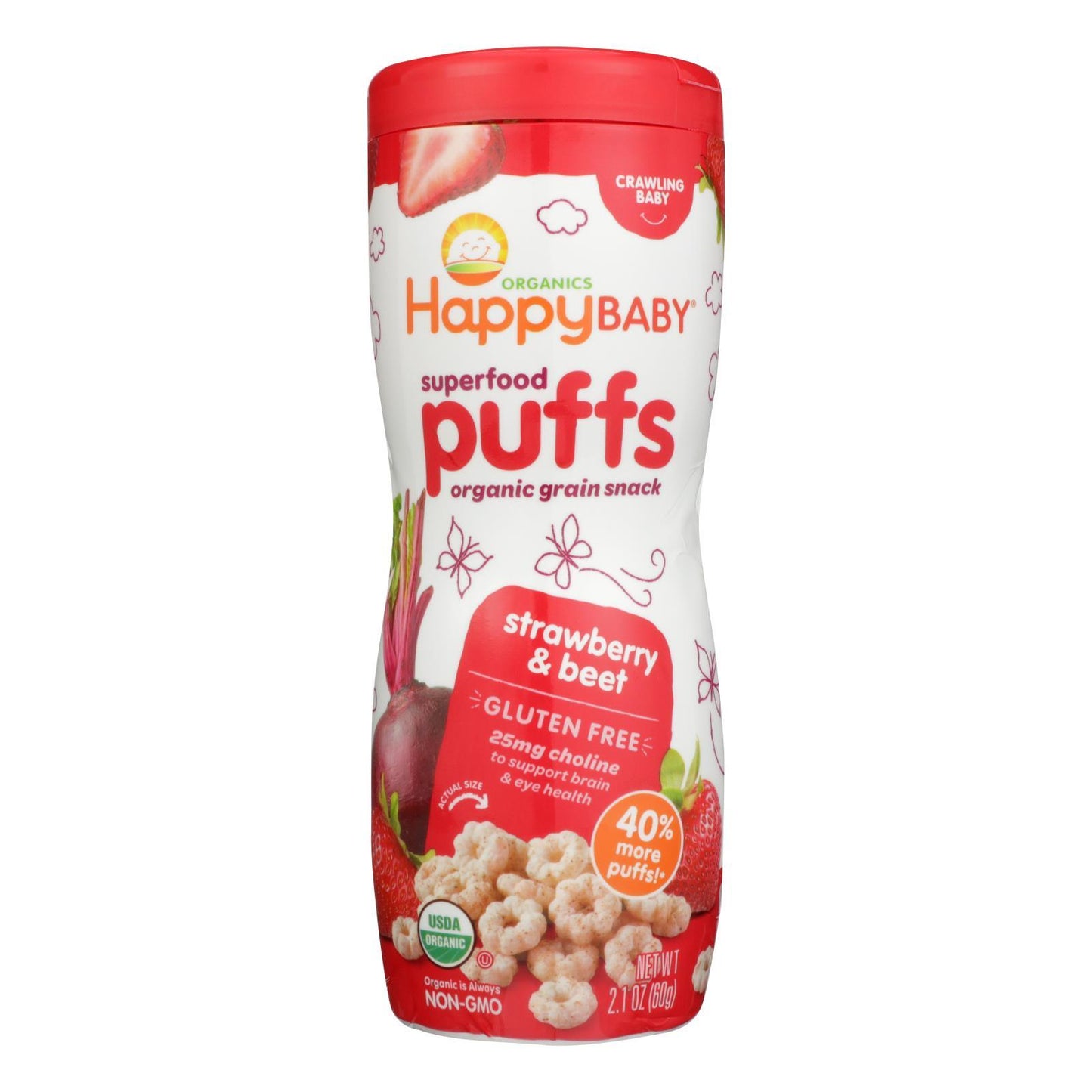 Happy Bites Organic Puffs Finger Food For Babies - Strawberry Puffs - Case Of 6 - 2.1 Oz