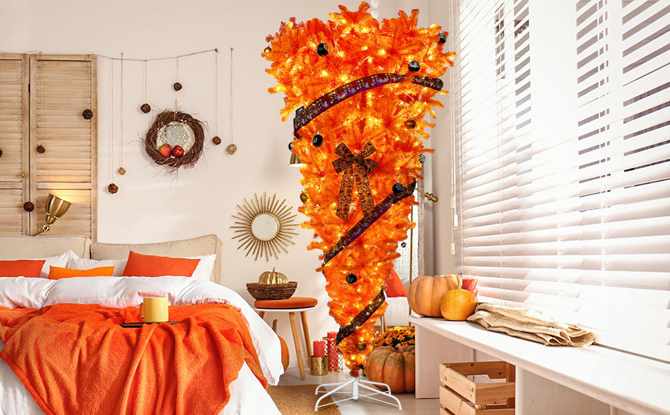7.5 FT Orange Upside Down Christmas Tree with 300 LED Warm Lights X-mas, Halloween-themed Ornaments and Satin Ribbon